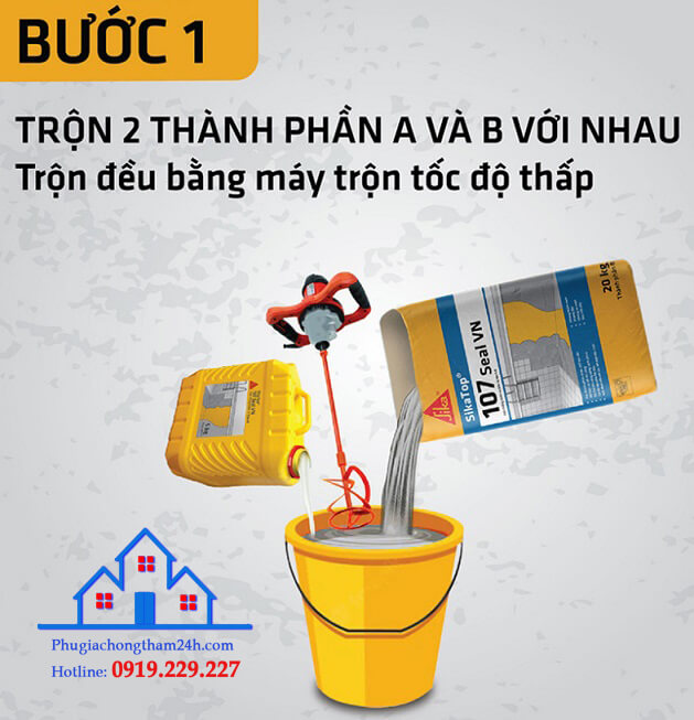 Bước 1 trộn 2 thành phần Sika topseal 107